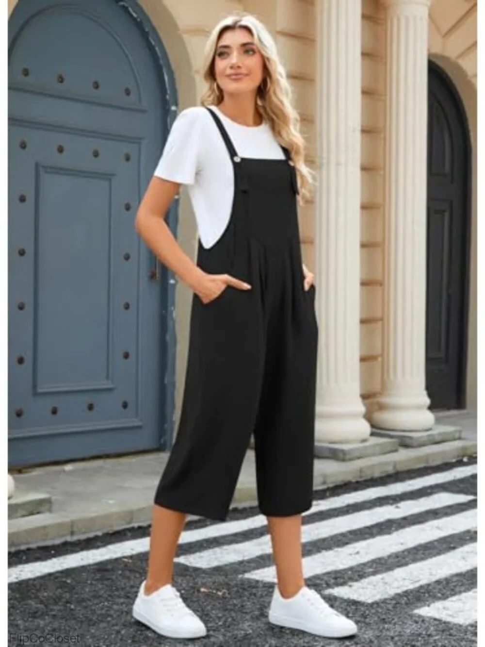 Womens Adjustable Wide Leg Overalls Sleeveless Boho Romper with Pockets
